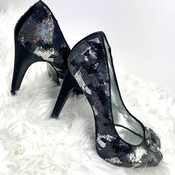 NINA Black/Silver Sequins Pumps w/Gems, Sz 8.5 - Picture 2 of 7